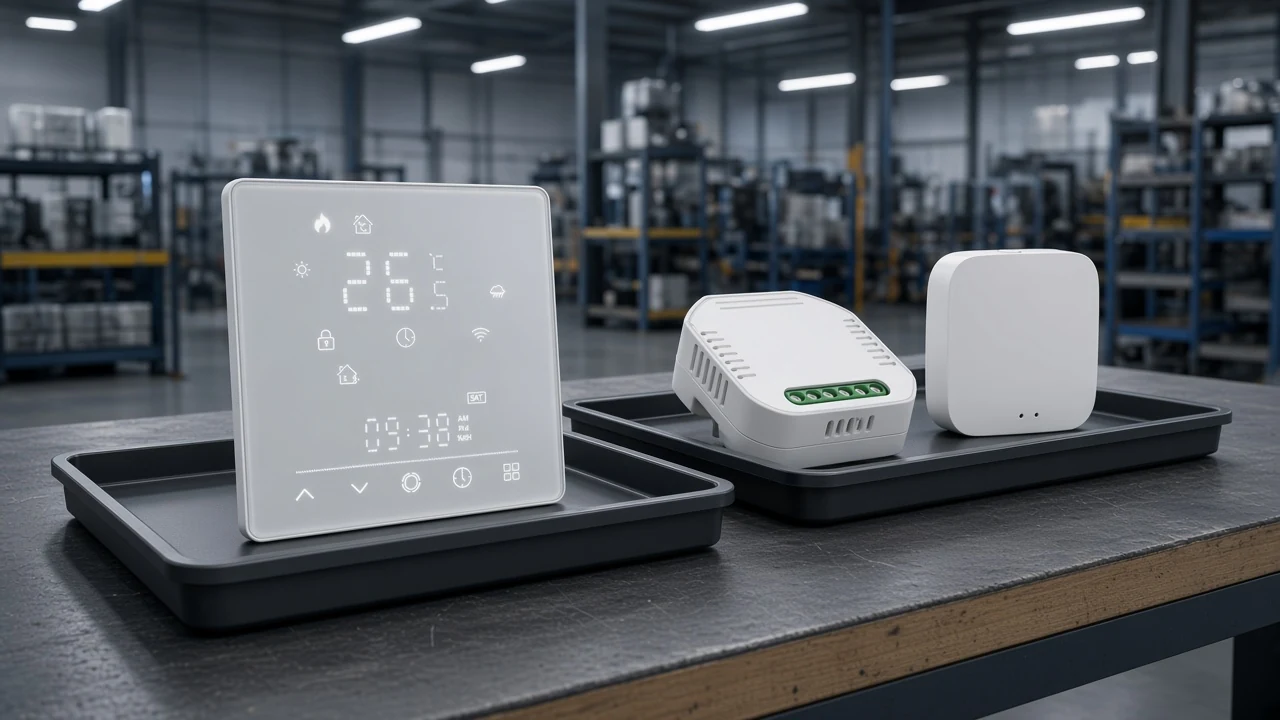 Matter Wi-Fi thermostat kit versus Zigbee module and hub kit on a workbench