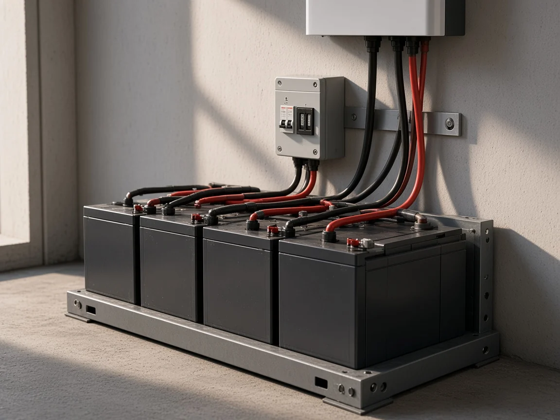 Battery rack with heavy DC cables running into a wall-mounted DC breaker and fuse box in an off-grid solar kit