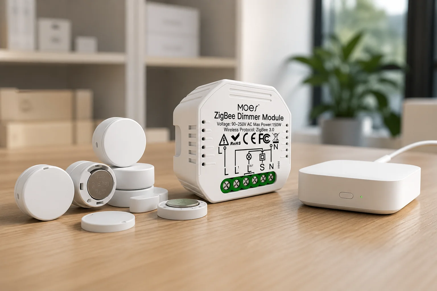 Battery-sensor economics scene with coin-cell Zigbee sensors and MOES module