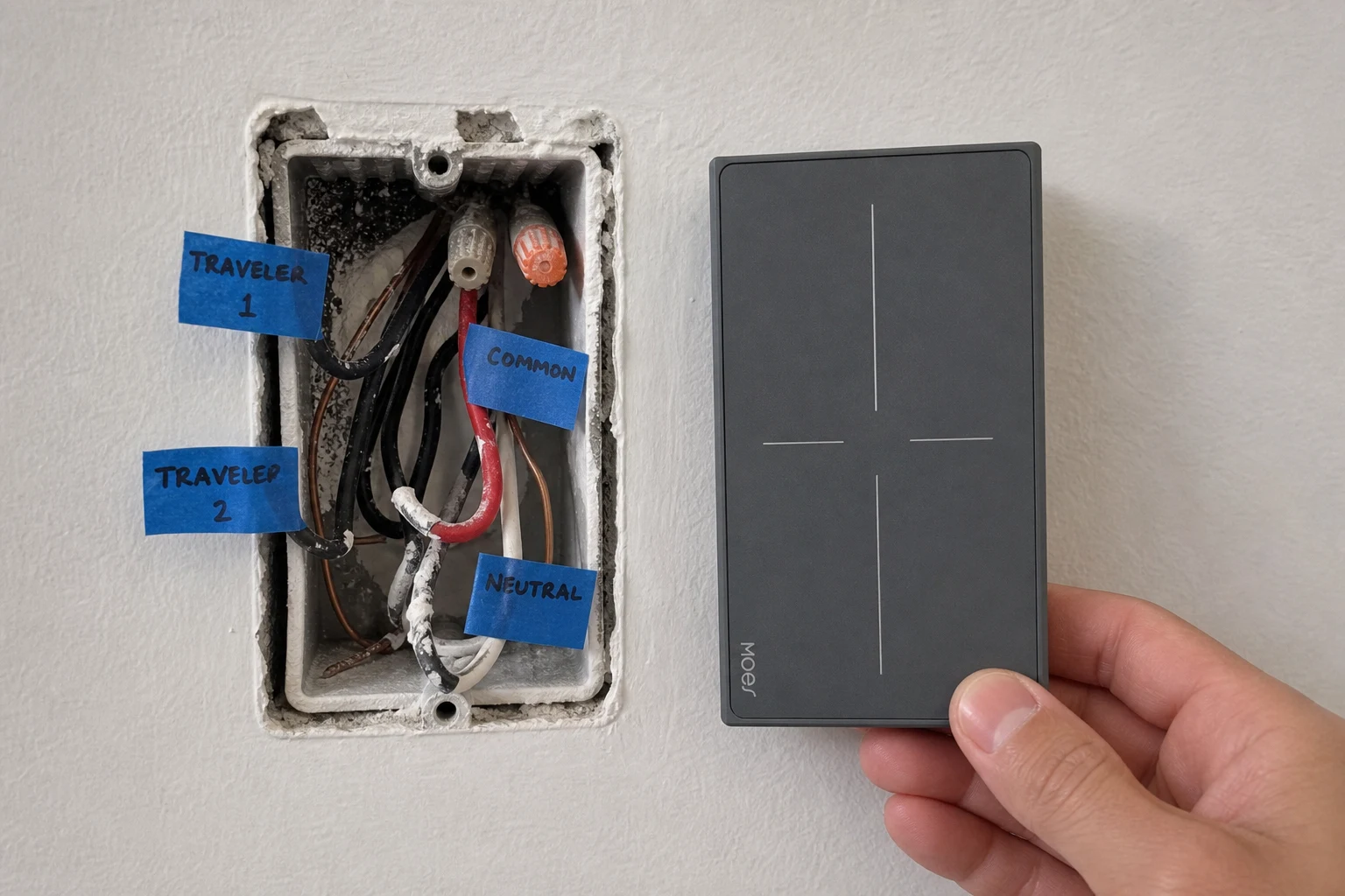 Open 3-way switch box with tagged travelers beside a MOES Star Feather switch for primary versus auxiliary kit inputs