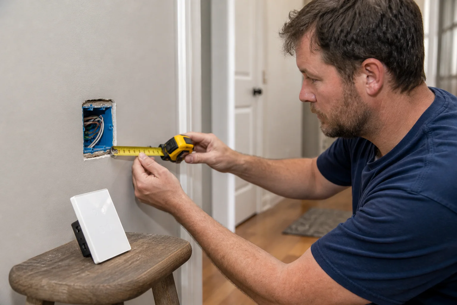 Electrician checking US wall box depth for smart switch physical fit
