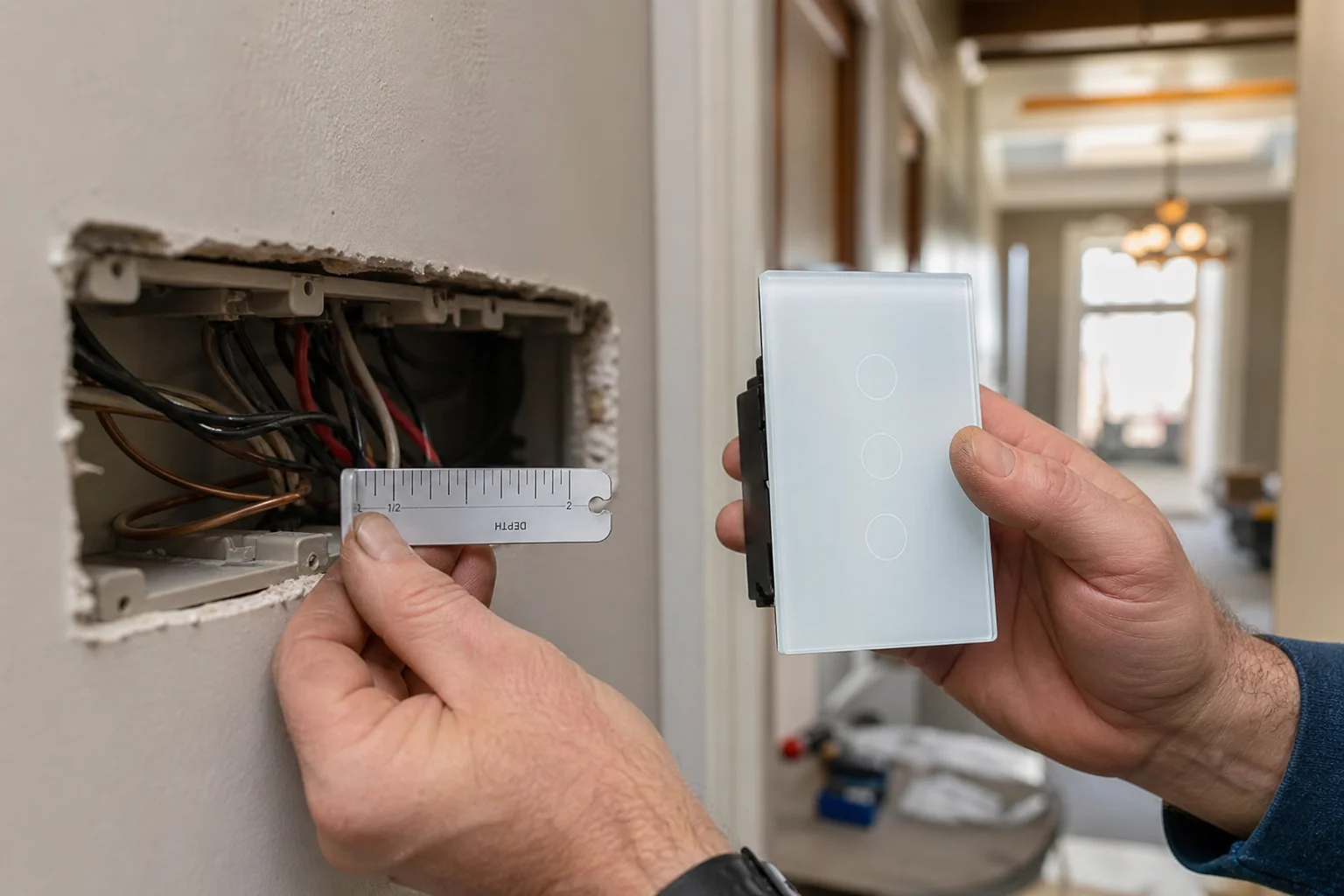 Electrician checking US wall box depth for smart switch physical fit