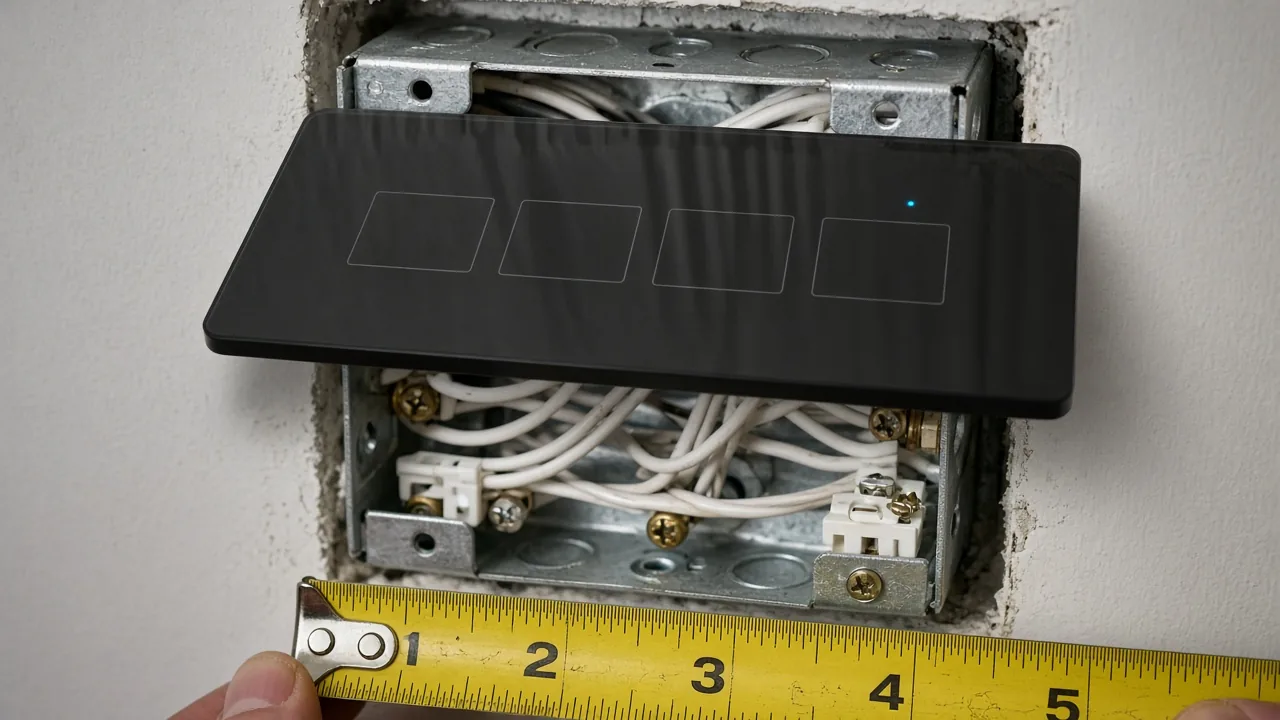 Glass US smart wall switch held over a crowded box to judge box fill time
