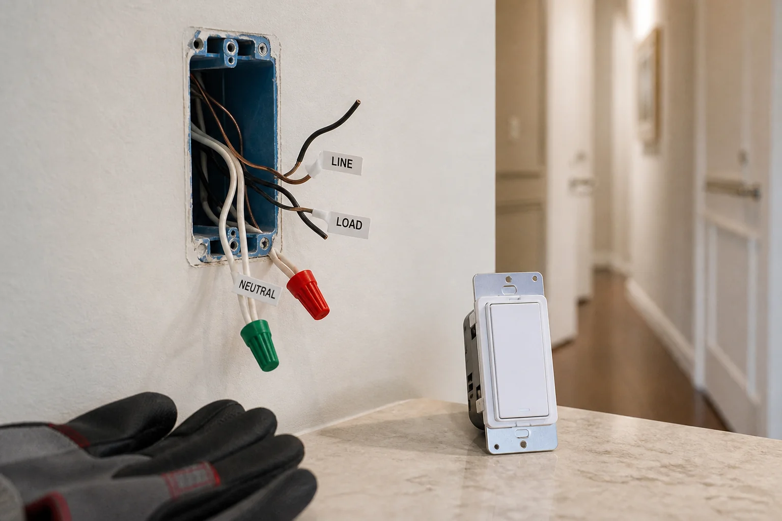 Open switch box with labeled line load and neutral wires beside a smart lighting wall switch