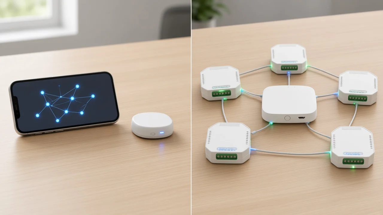 Installer desk contrasting BLE phone pairing with a Bluetooth Mesh kit