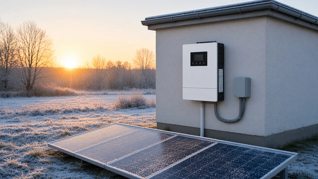 Frosted solar array at first light on a cold winter morning with a MOES WiFi smart hybrid solar inverter on the outbuilding wall