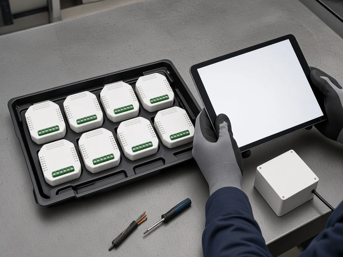 Installer tray of MOES in-wall smart dimmer relay modules staged beside a gateway box during commissioning