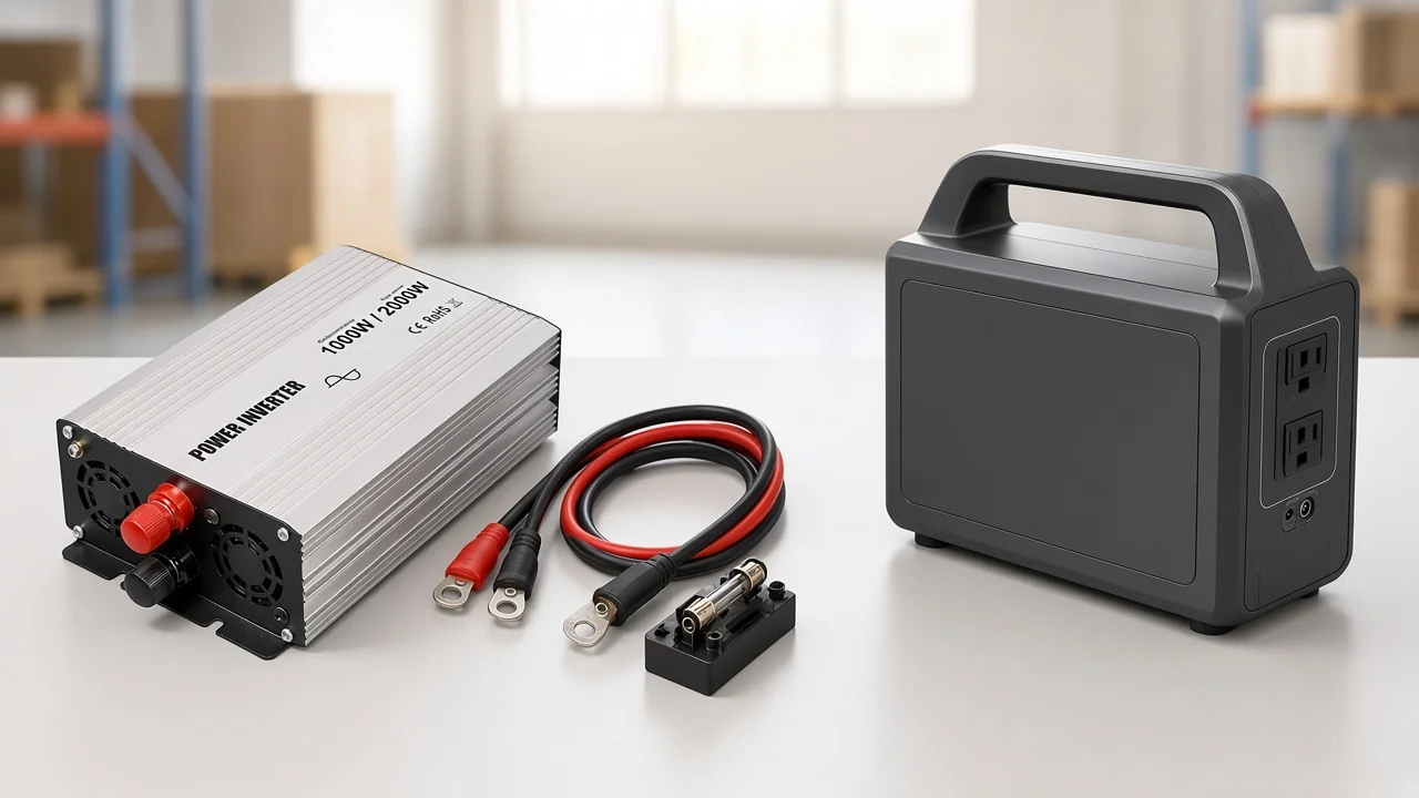 MOES power inverter beside planning layout contrasting inverter-plus-battery path with integrated station class