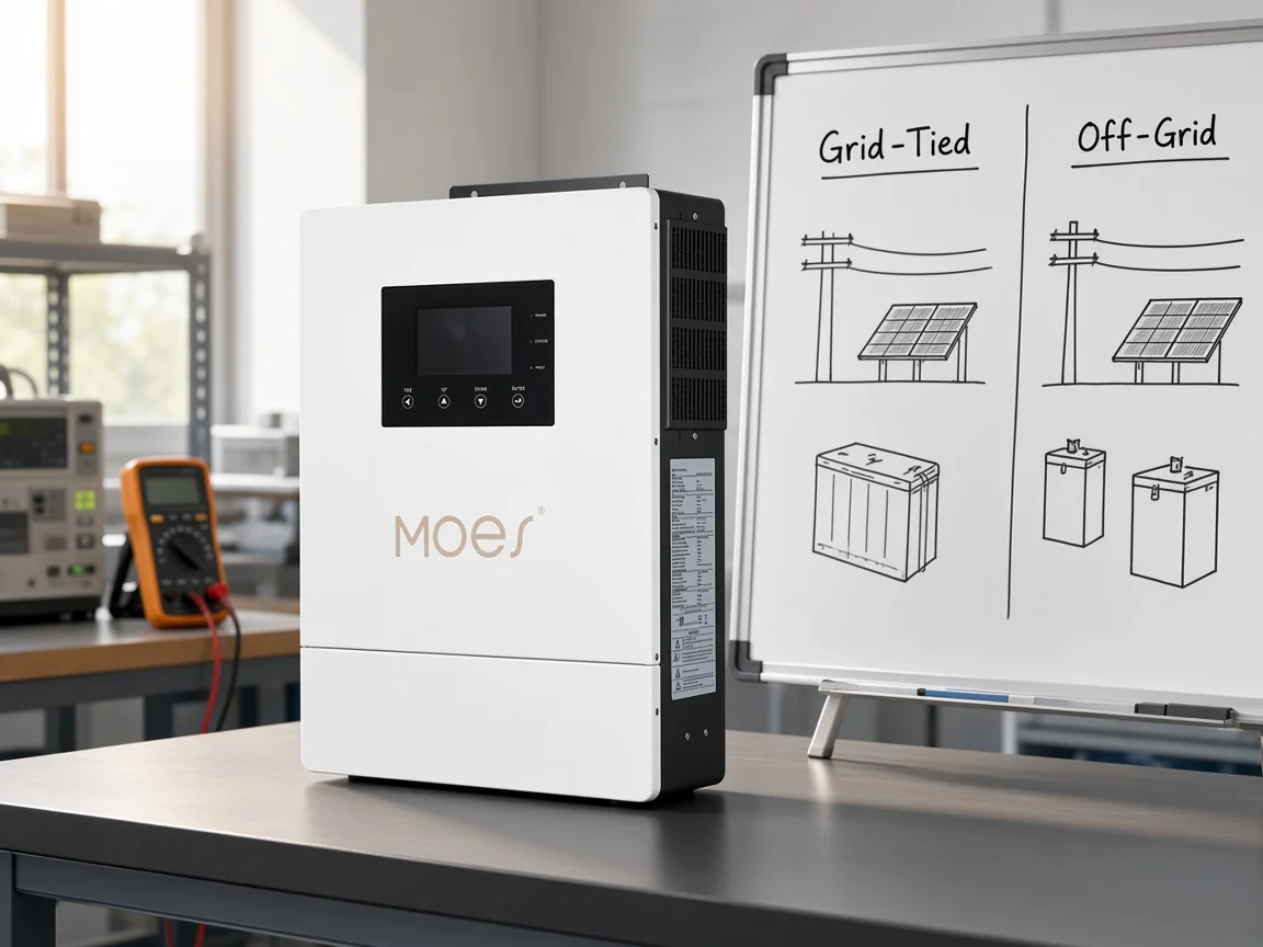 Side-by-side planning view with MOES inverter comparing grid-tied and off-grid architectures