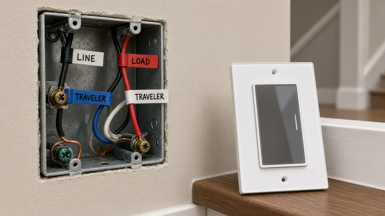 Open US switch box with tagged line load and traveler wires beside a US glass smart wall switch