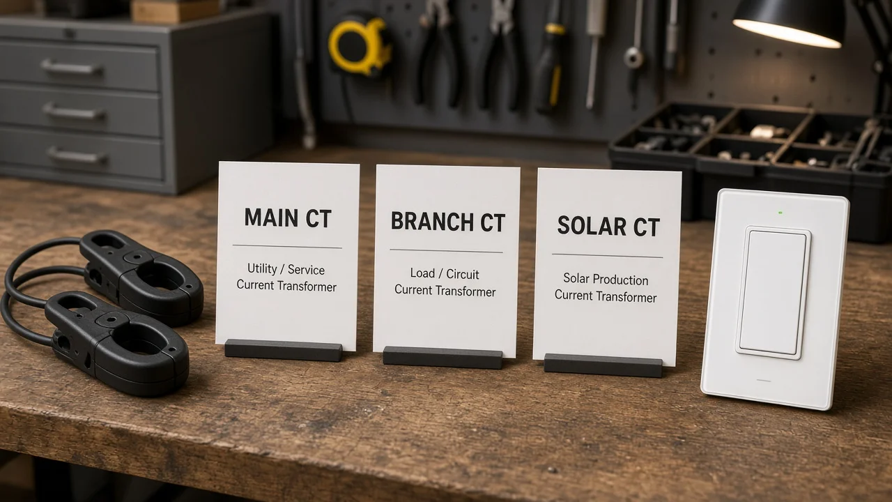 Main branch and solar CT role cards with clamps and MOES Star Feather US switch on planning desk
