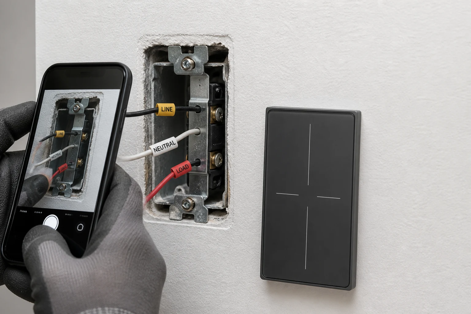 Open wall box cutover documentation for a 3-way motion sensor switch installation with MOES Star Feather switch ready