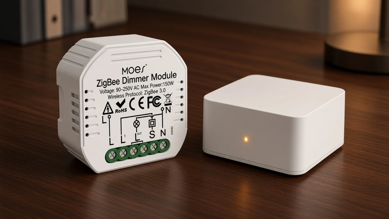 ZigBee dimmer module beside a small gateway