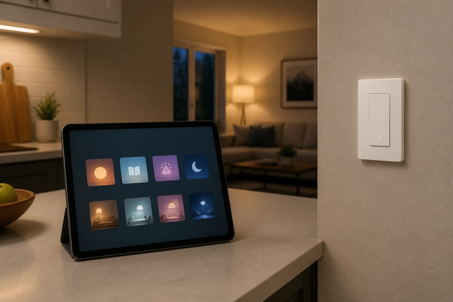 Tablet lighting scenes beside a wall smart switch during smart home lighting commissioning