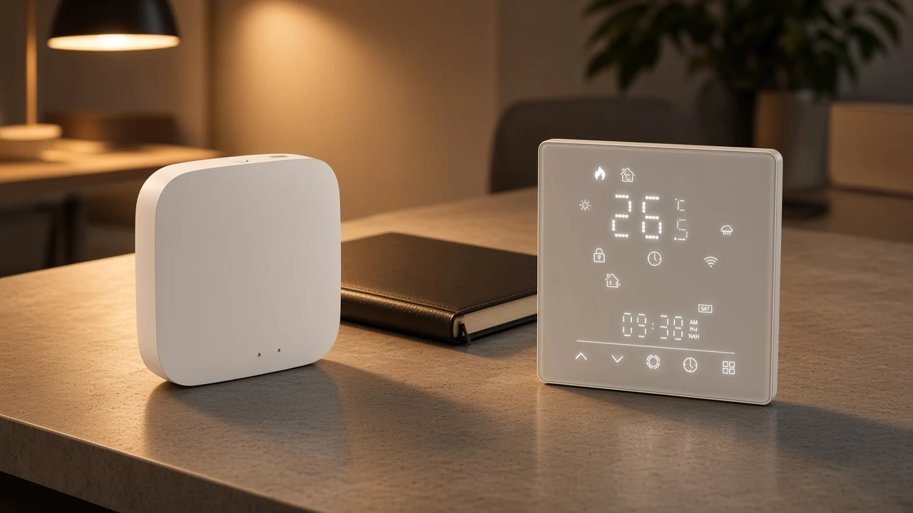 Zigbee hub beside a Matter Wi-Fi thermostat on a quoting desk