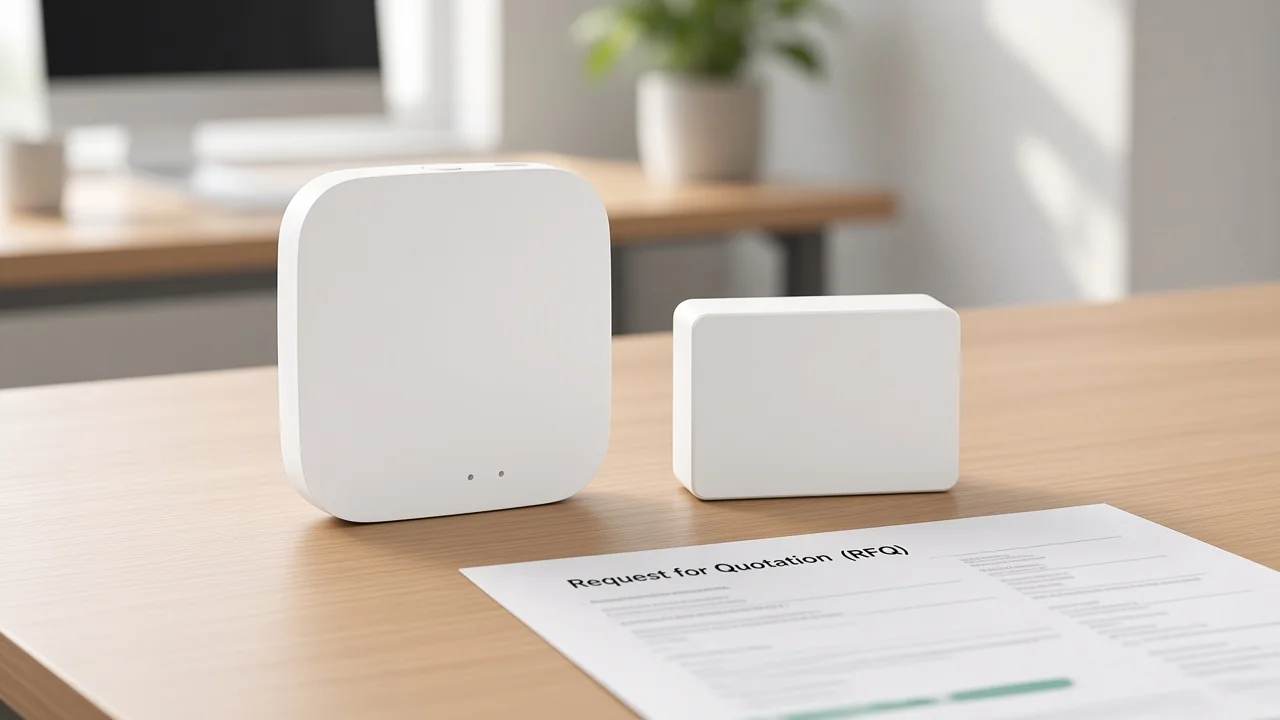 Zigbee gateway hub and Thread border-router logistics boxes on a channel quoting desk