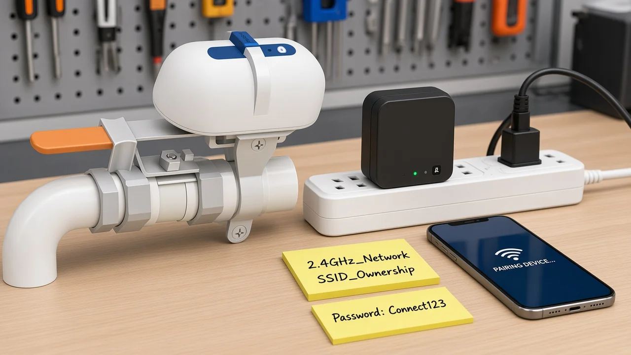 Wi-Fi gateway hub and 2.4 GHz SSID notes beside MOES pipeline valve controller