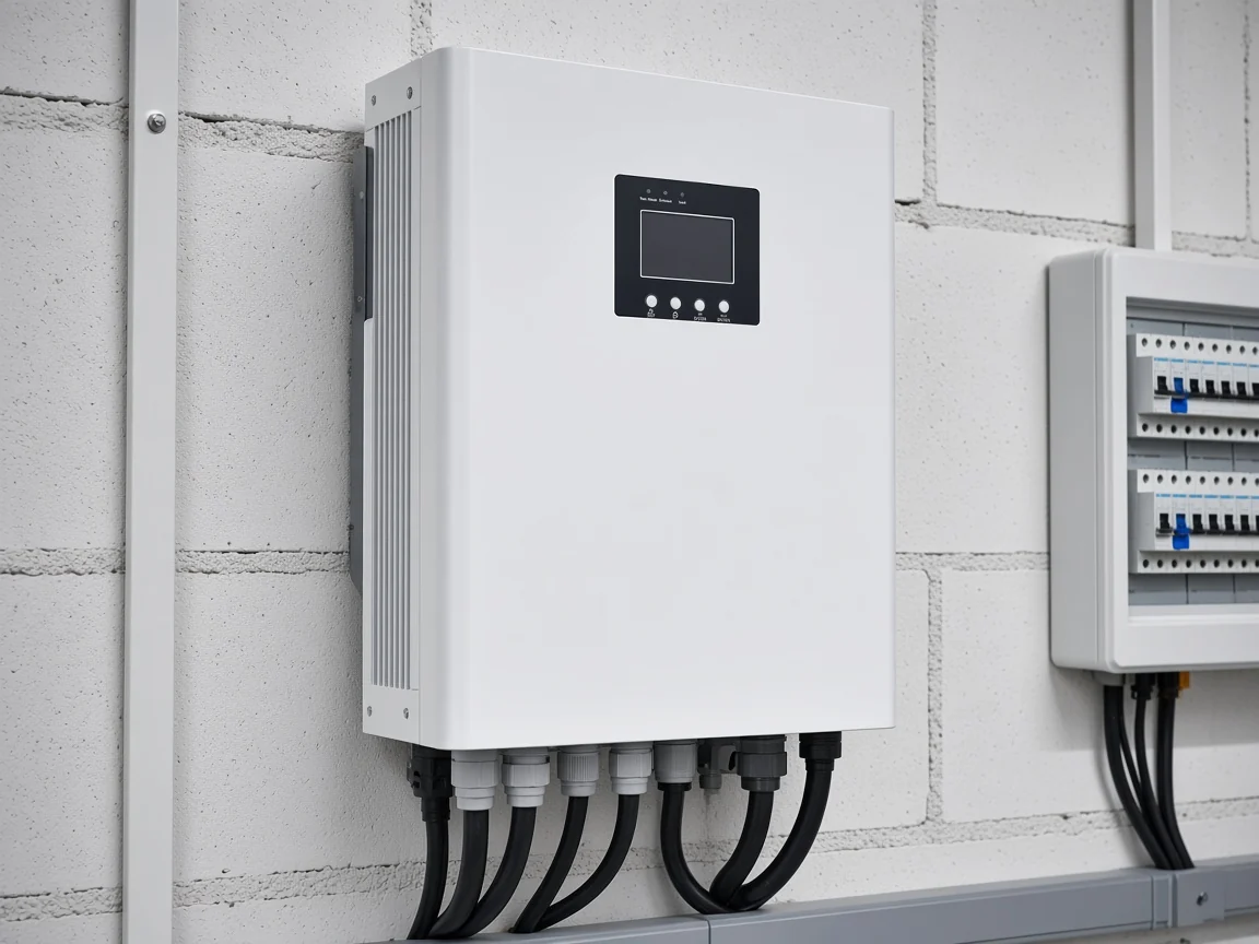 All-in-one hybrid solar inverter enclosure mounted alone on a utility room wall next to an AC distribution board