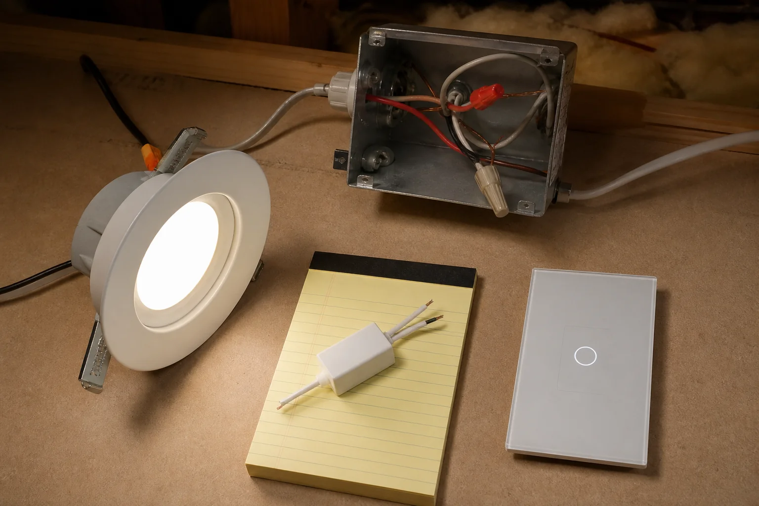 Ceiling fixture access with LED can, bypass module notepad notes, and US smart wall switch