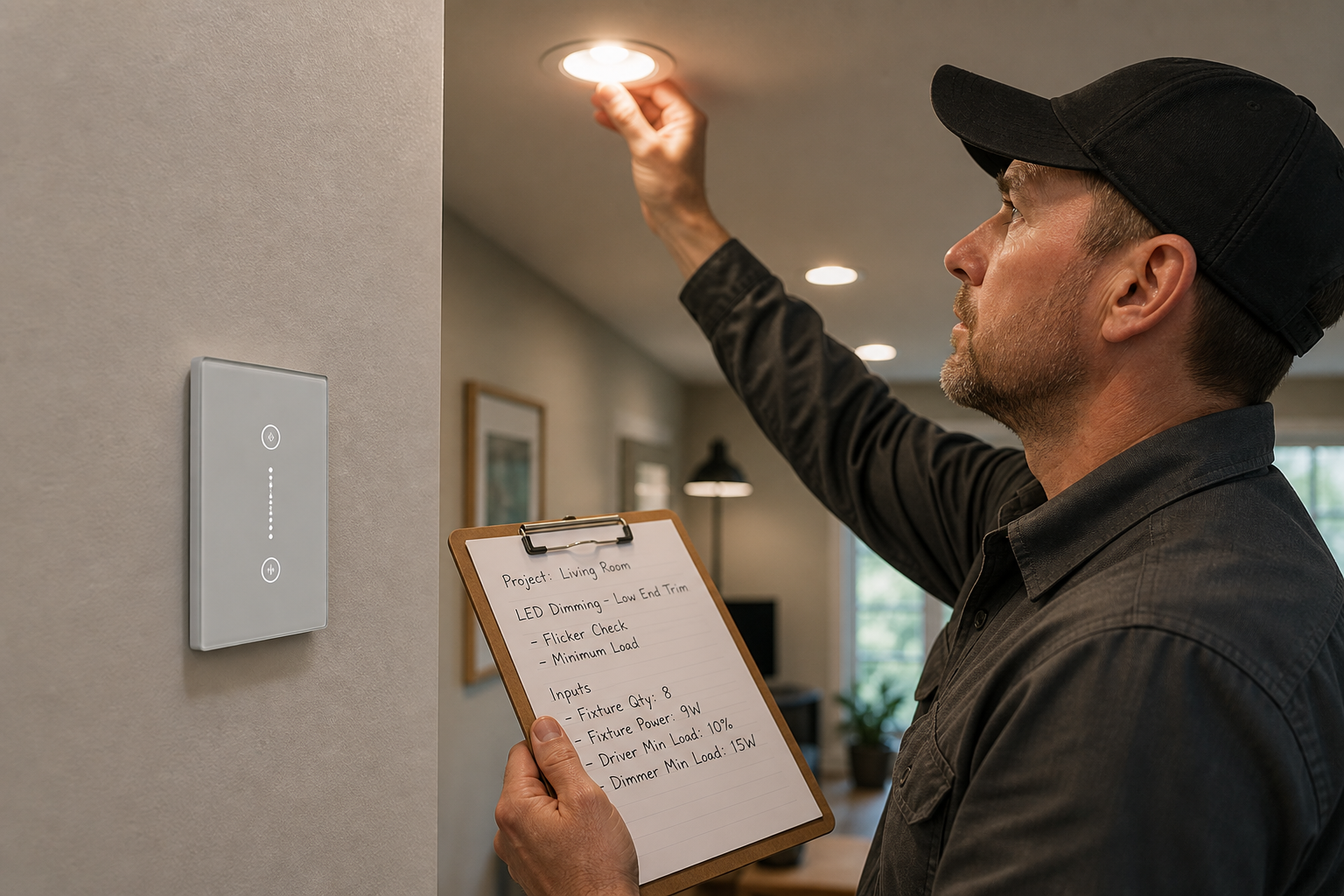 LED load and minimum dimming notes beside US smart wall switch