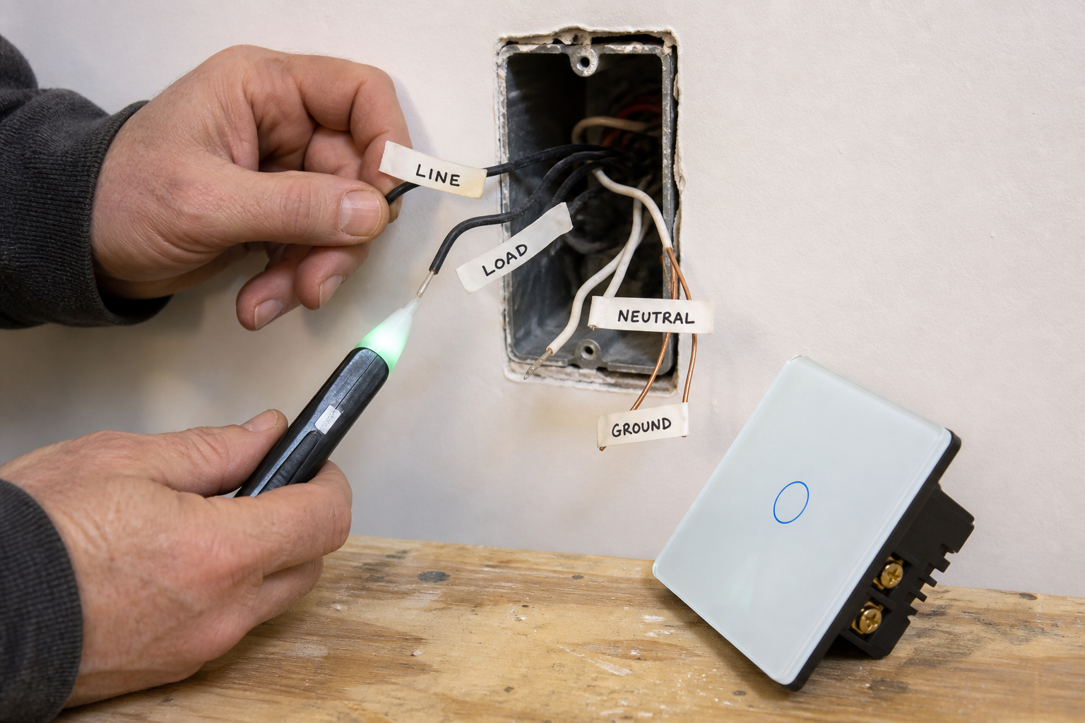 Open US switch box with line load neutral ground tags for dimmer motion project inputs