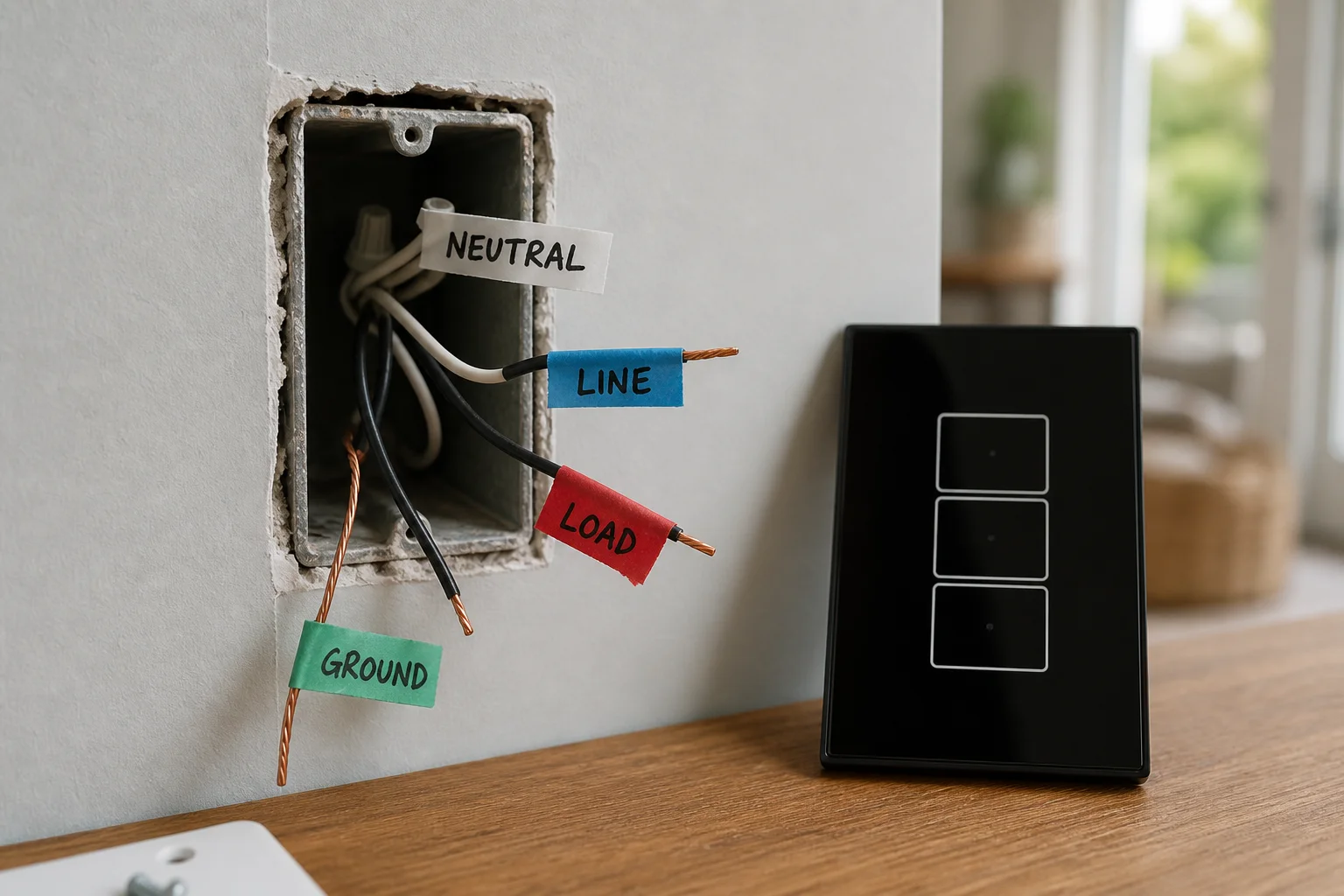Open US switch box with line load neutral ground tags for smart switch project inputs