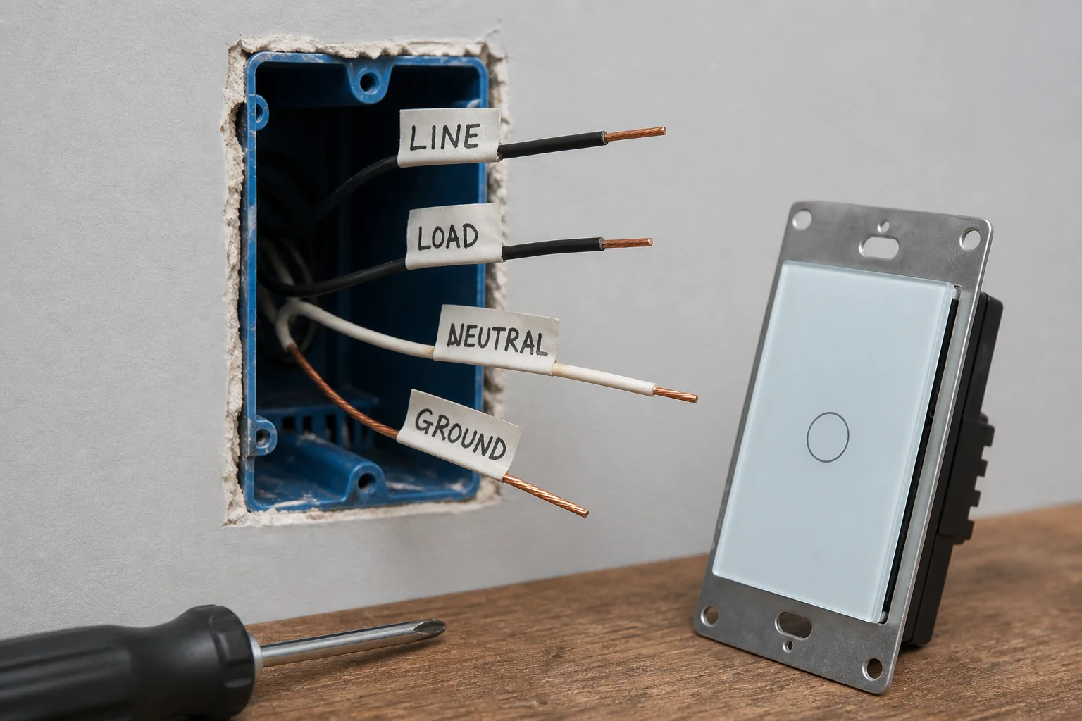 Open US switch box with line load neutral ground tags for smart switch project inputs