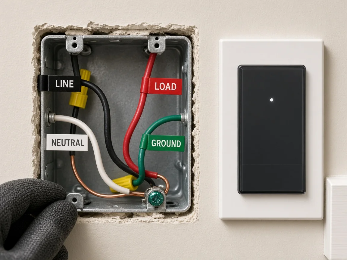 Open US switch box with line load neutral ground tags beside a finished glass smart wall switch