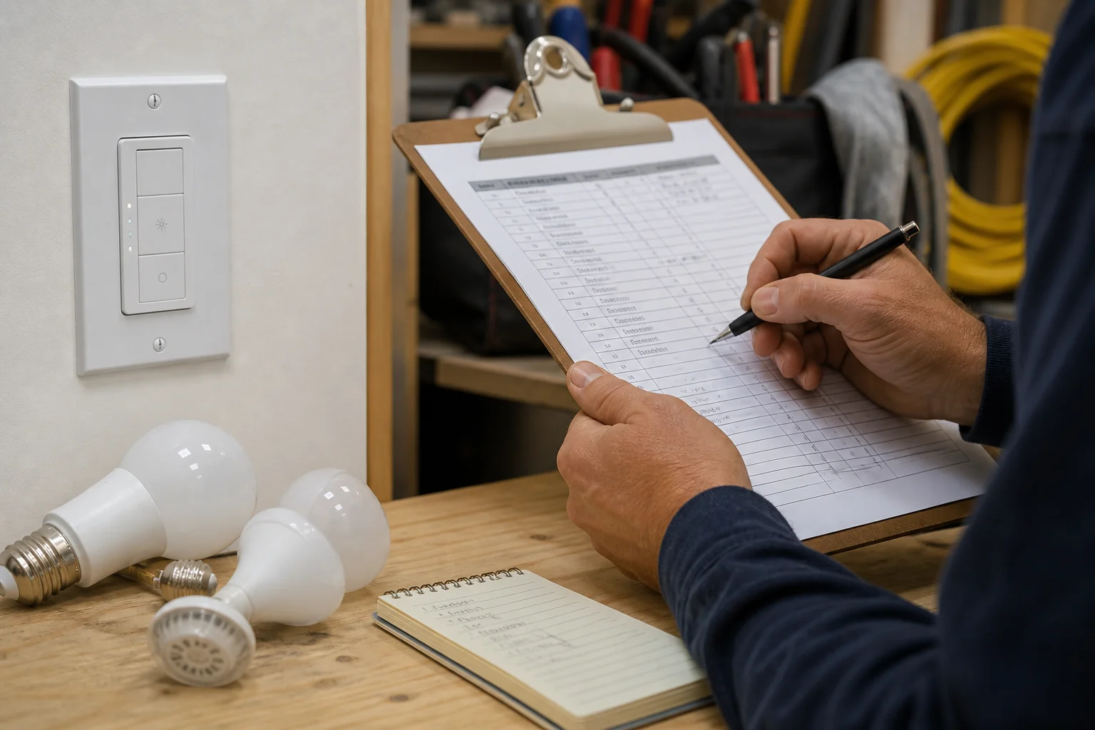 Installer logging LED load and dimmer compatibility notes beside a smart wall switch