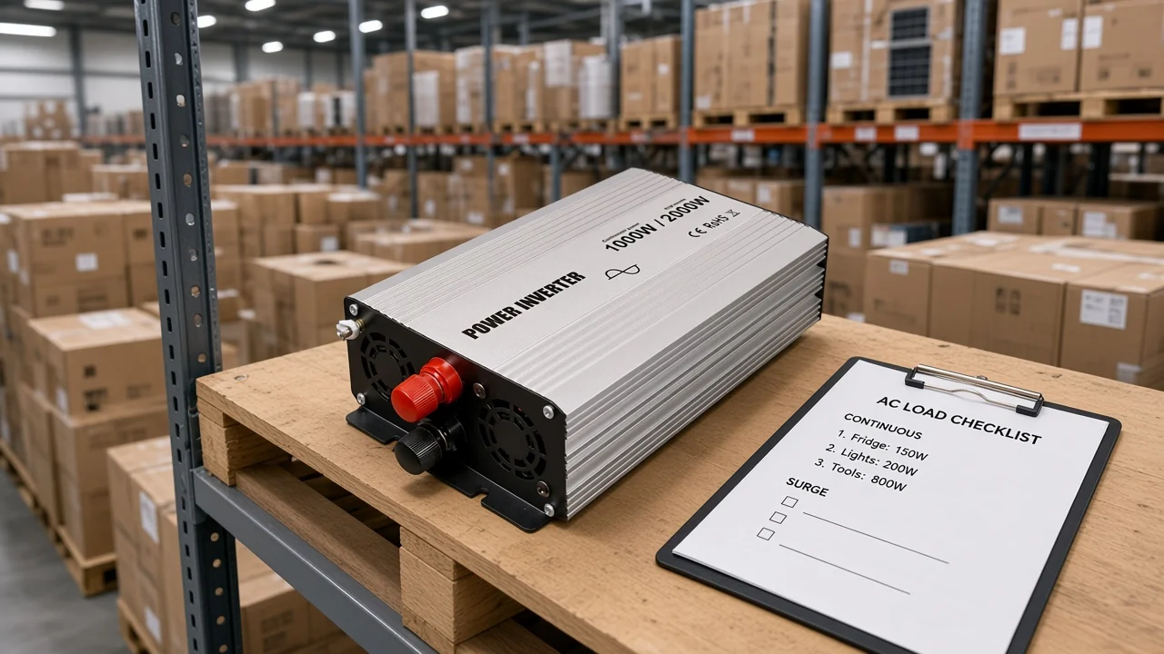 MOES pure sine inverter in warehouse stocking context with AC continuous and surge load checklist