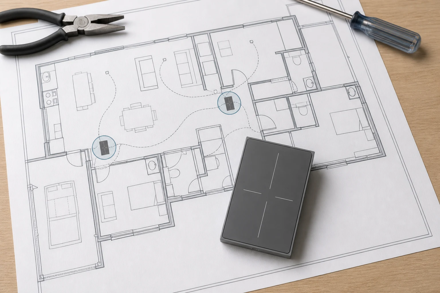 Floor plan marking both ends of a 3-way smart switch circuit for line load and traveler project inputs