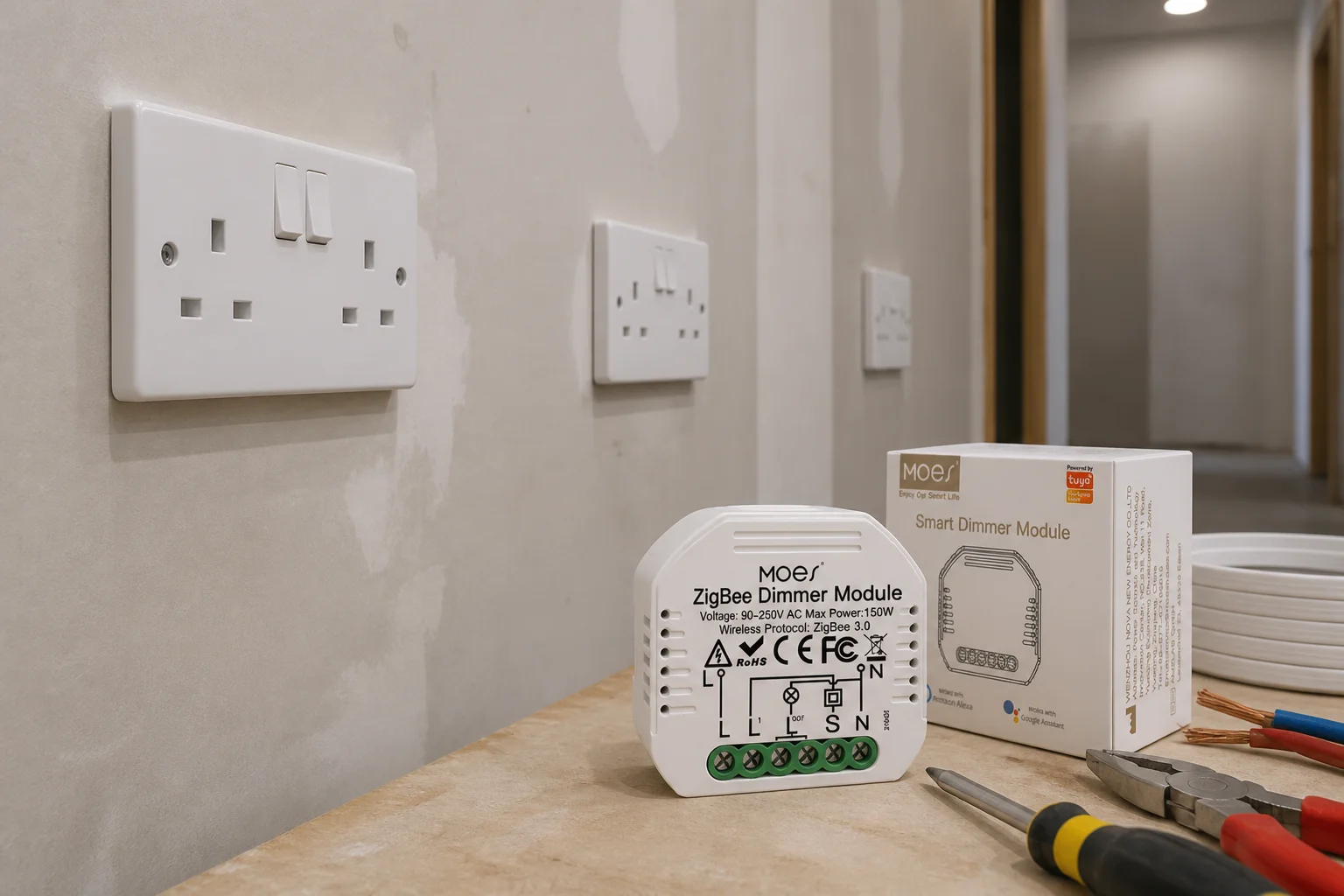 Mains-powered Zigbee install density planning with MOES ZigBee module on workbench