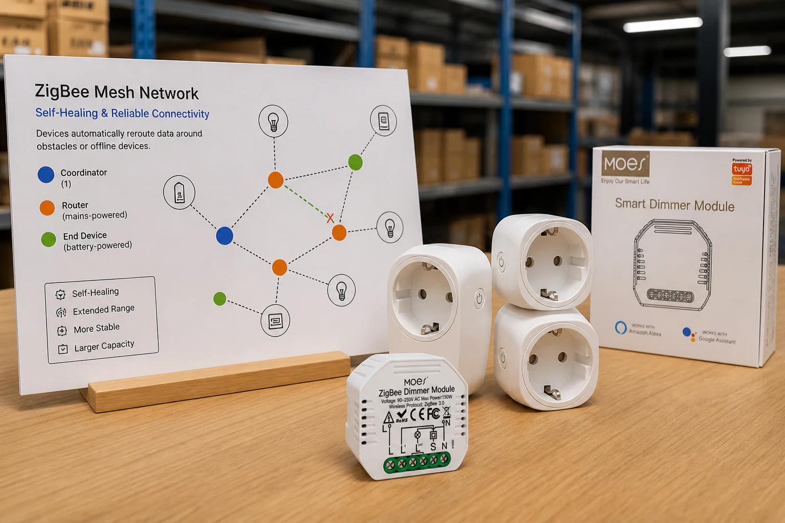 Zigbee mesh self-healing diagram with MOES ZigBee dimmer module and smart plugs