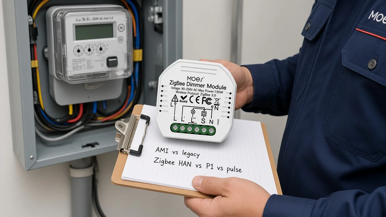 Installer documenting AMI versus legacy and Zigbee HAN versus P1 versus pulse beside a smart meter