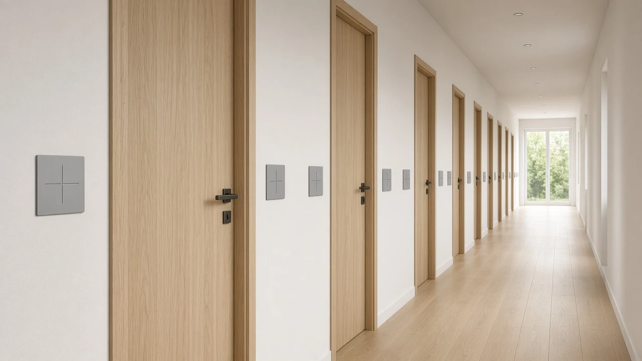 Repeating MOES glass smart wall switches along a hotel-style corridor showing per-room device density