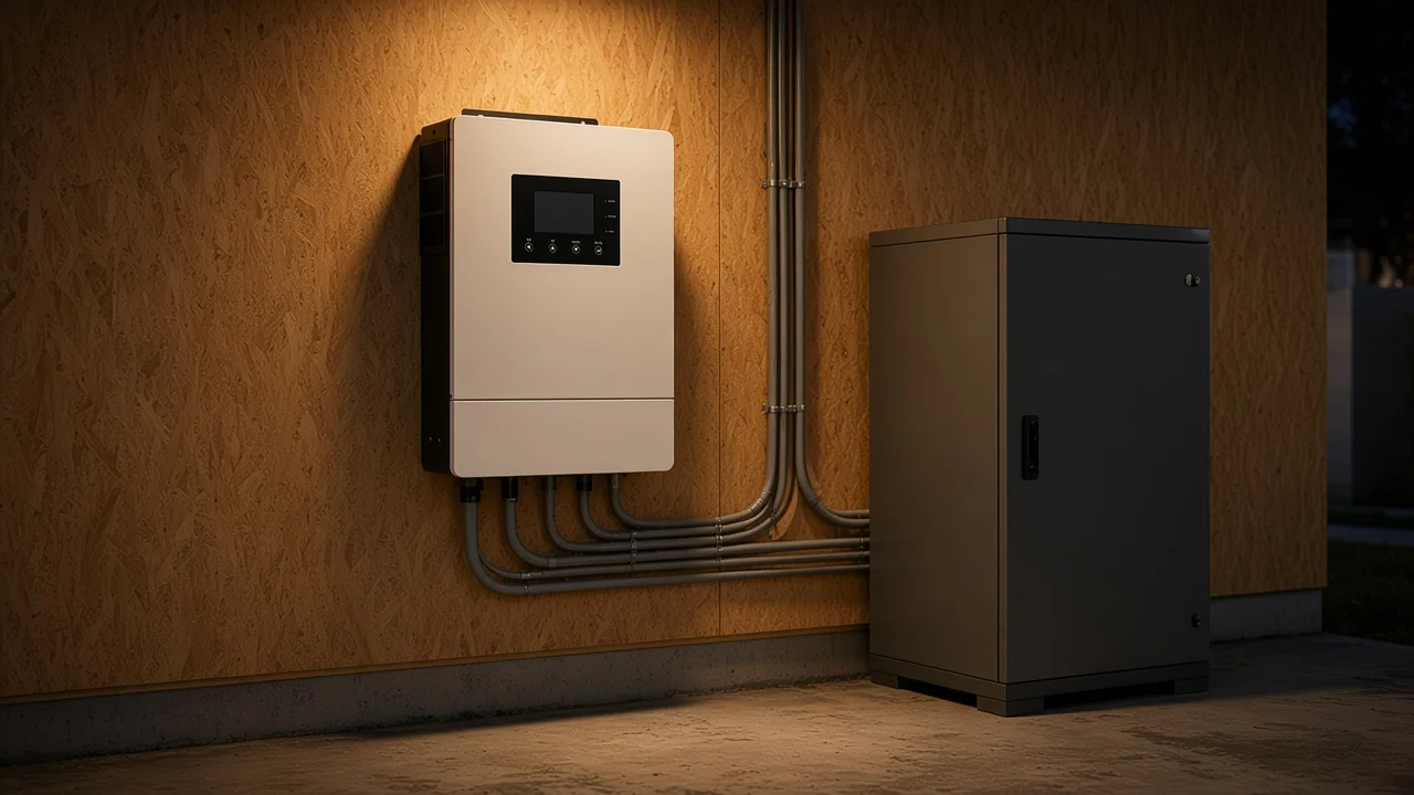 MOES WiFi smart hybrid inverter and a battery cabinet in an off-grid utility room at night, when continuous standby draw is the loss that matters