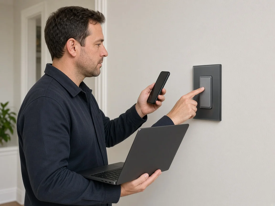 Installer proving wall paddle control with phone and laptop ready for pairing after cutover