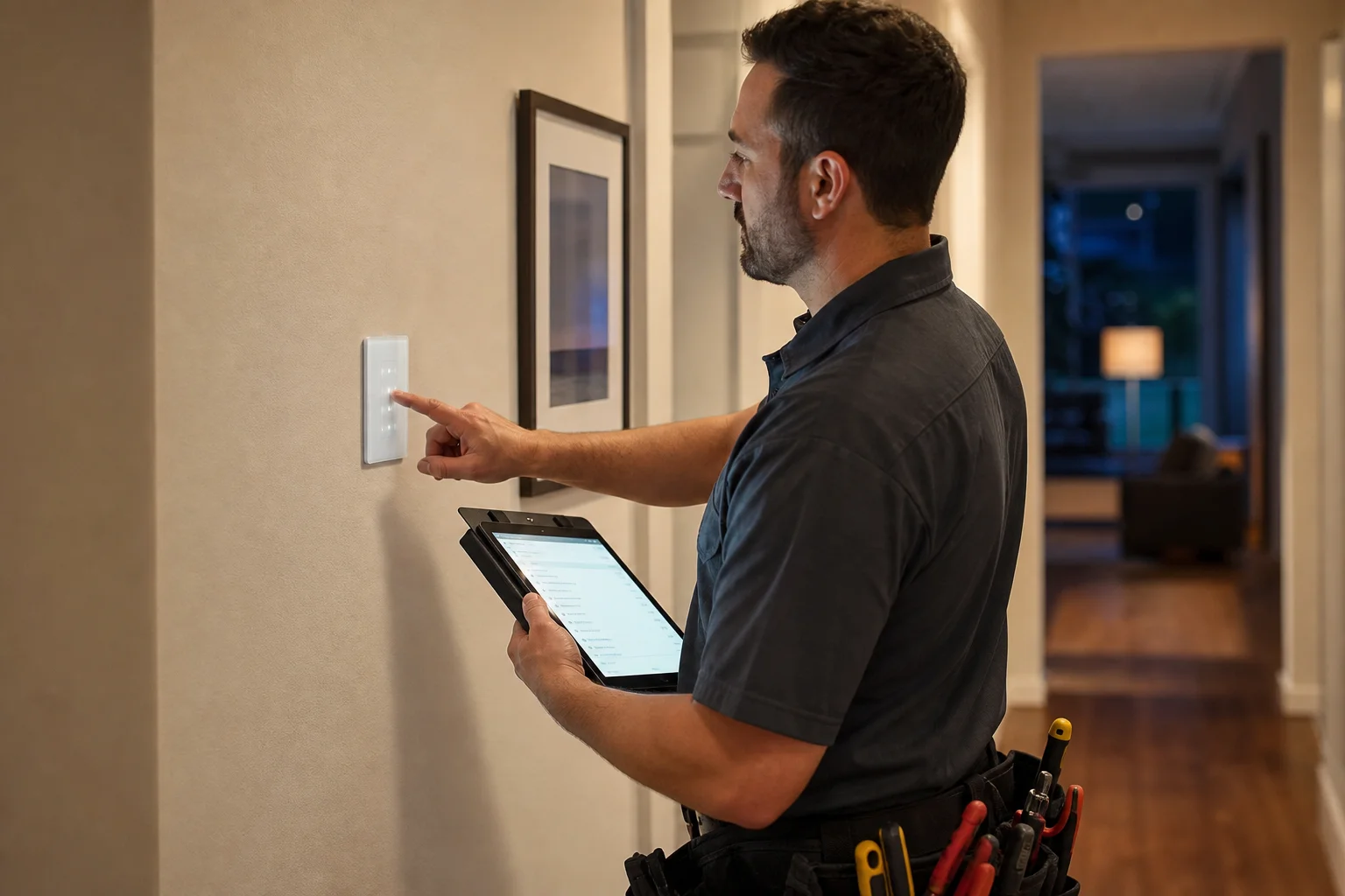 Installer testing wall control before Wi-Fi pairing after smart switch cutover