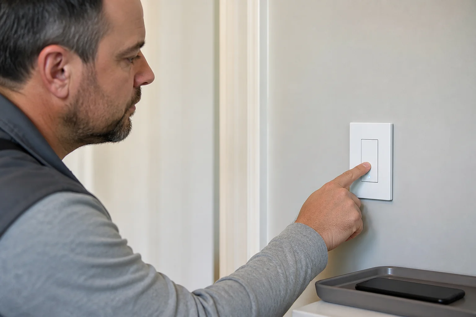 Installer testing wall control before Wi-Fi pairing after smart switch cutover