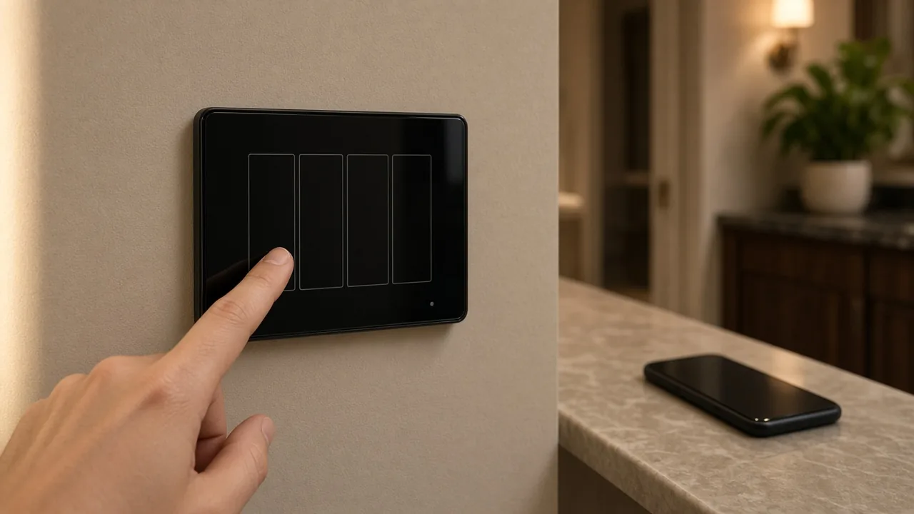 Finger on a glass US smart wall switch while a phone waits for later pairing