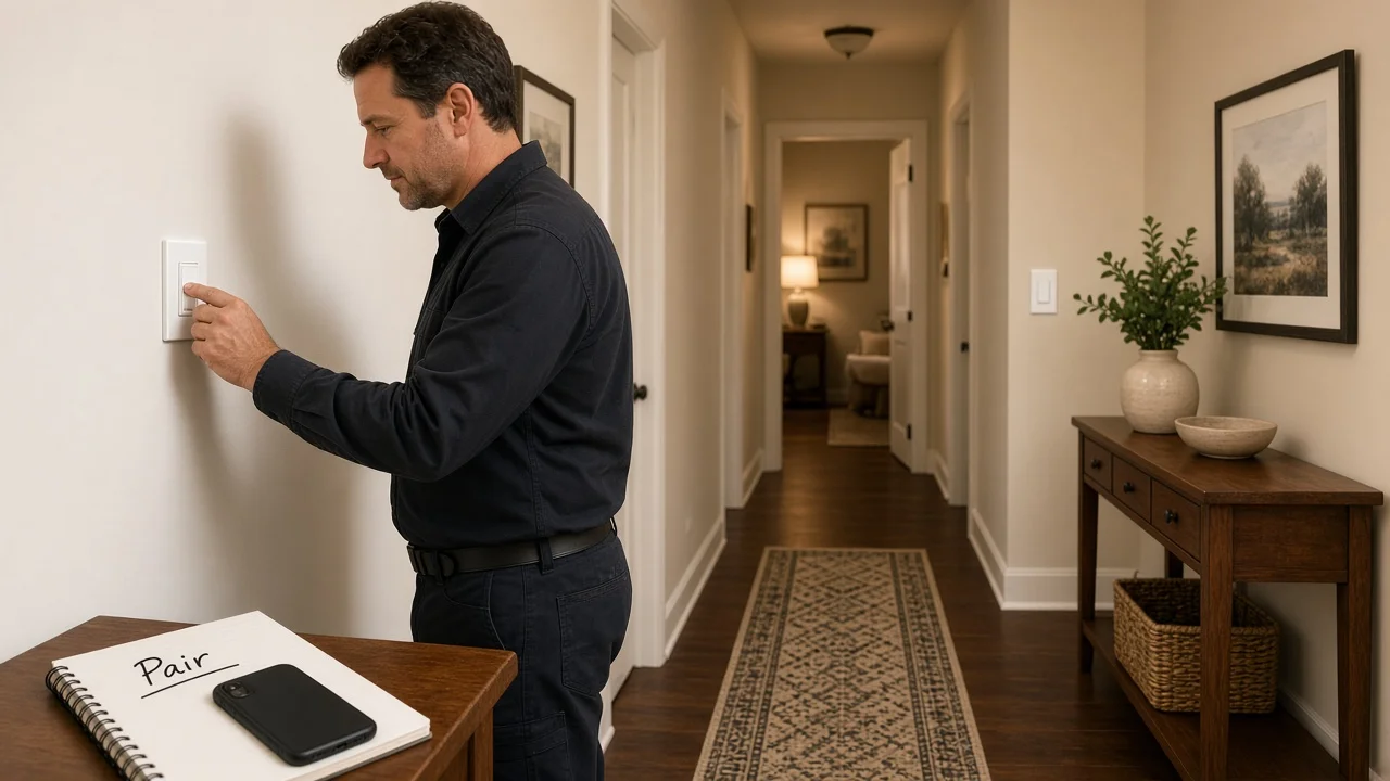 Installer testing hallway wall control before app pairing on a 3-way smart switch cutover