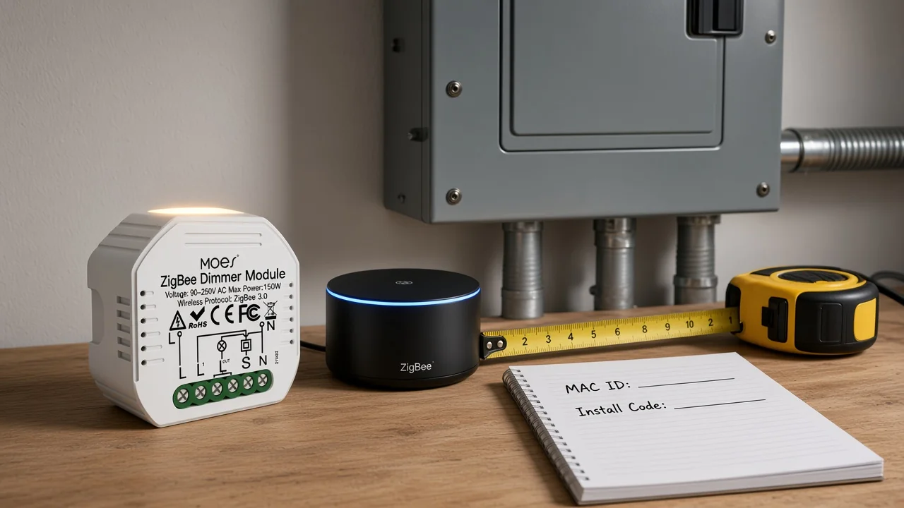 Zigbee hub, MAC ID and Install Code notepad, and MOES ZigBee module for RF range planning
