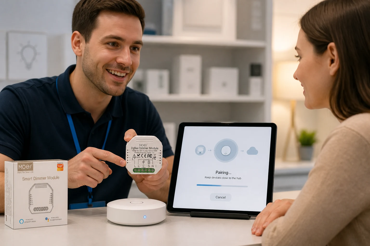 Channel demo pairing a MOES ZigBee dimmer module to a Zigbee hub