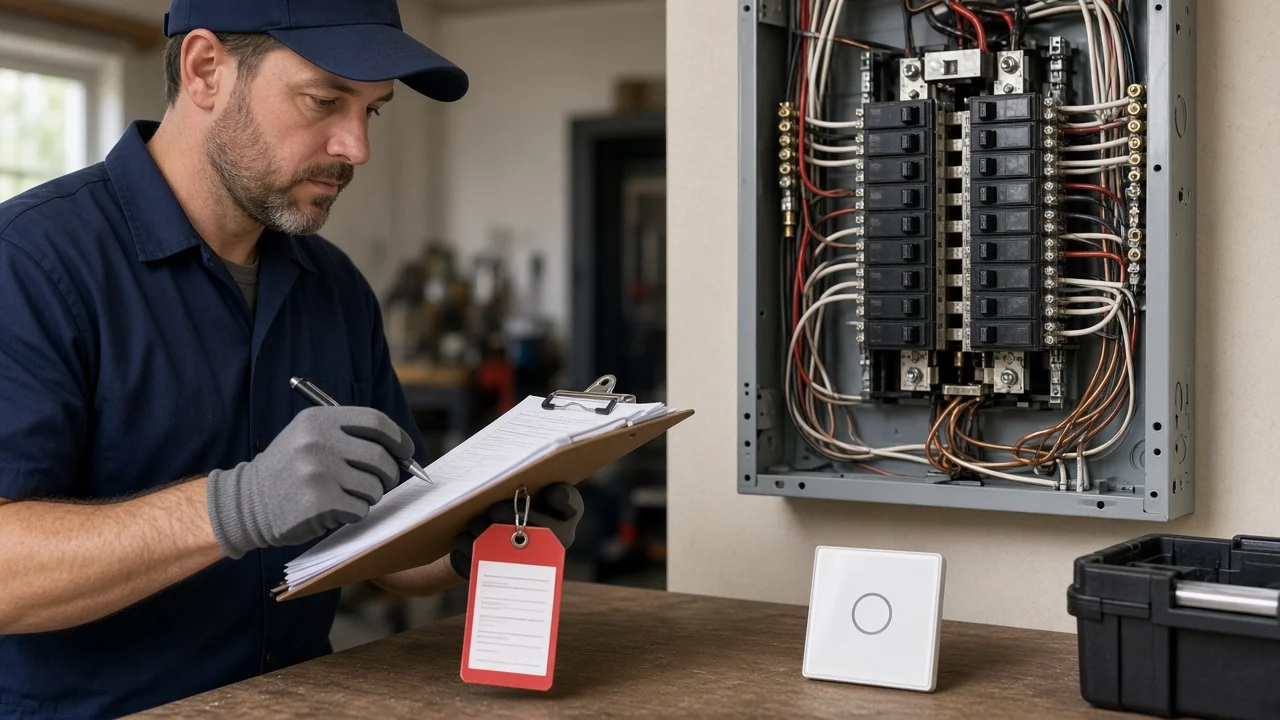 Electrician documenting breaker panel access and lockout beside a MOES Star Feather US switch