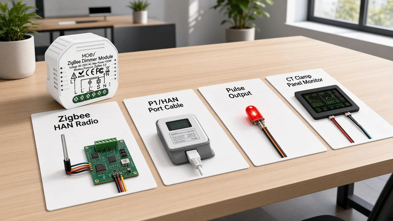 Path cards for Zigbee HAN radio, P1 port, pulse output, and CT clamp beside a MOES ZigBee module