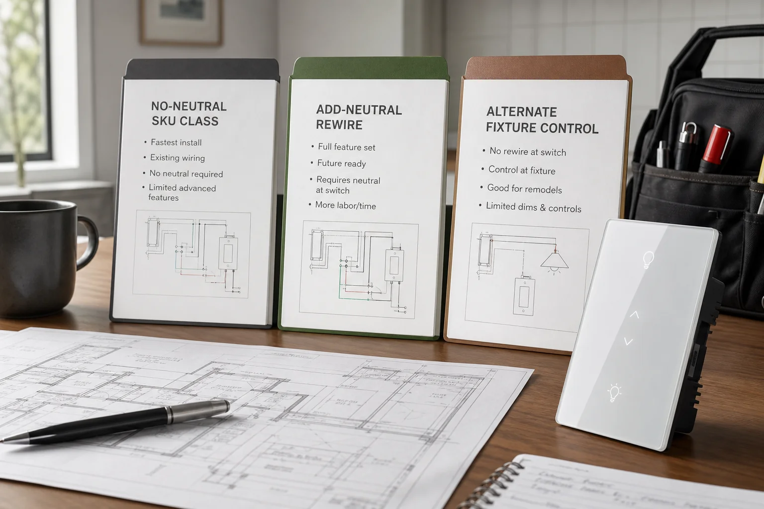 Installer desk comparing no-neutral SKU, add-neutral, and alternate control path cards beside a smart switch