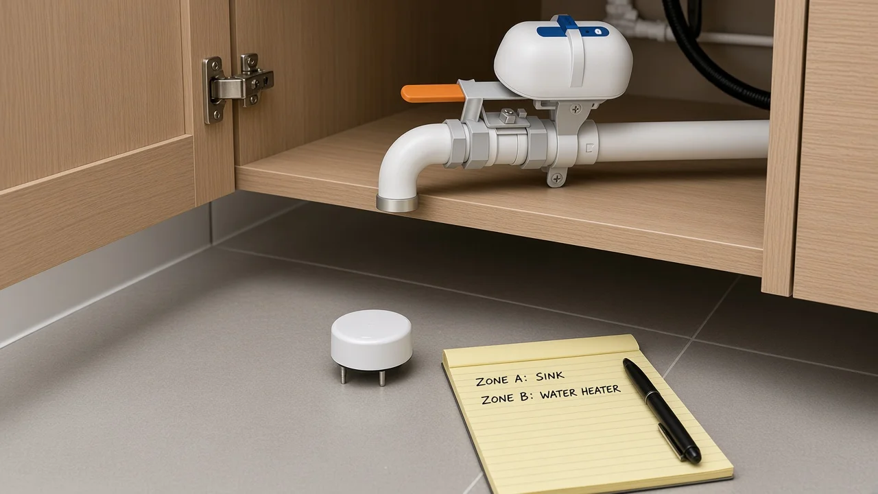 Water leak sensor placement on hard floor under sink with MOES shutoff valve controller nearby