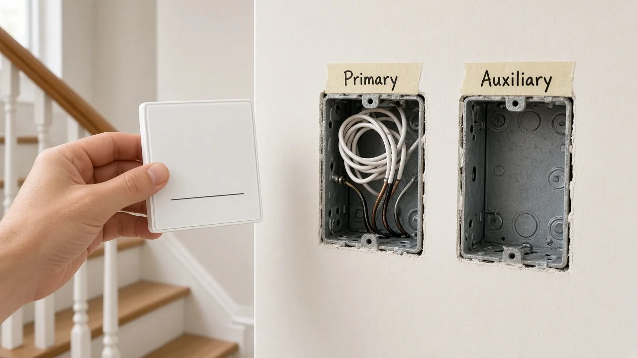 Primary and auxiliary labeled switch boxes on a stair landing with a US glass smart wall switch ready for install