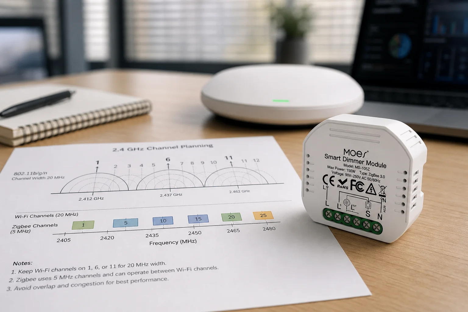 Wi-Fi and Zigbee channel planning desk with MOES ZigBee module for RF congestion trade-offs
