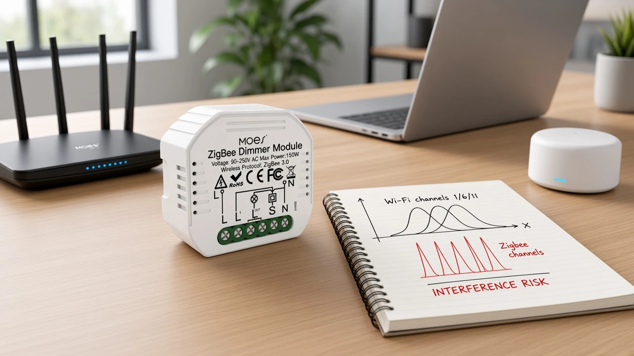 Wi-Fi and Zigbee coexistence planning desk with MOES ZigBee dimmer module